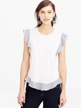 J. Crew Dainty White Top with Striped Flutter Sleeves